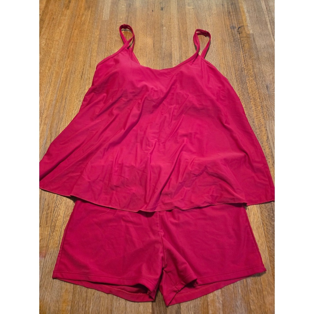 Women Medium Solid Red 2 PC Tankini Flyaway Top Boy Shorts Swim Bathing Suit Set